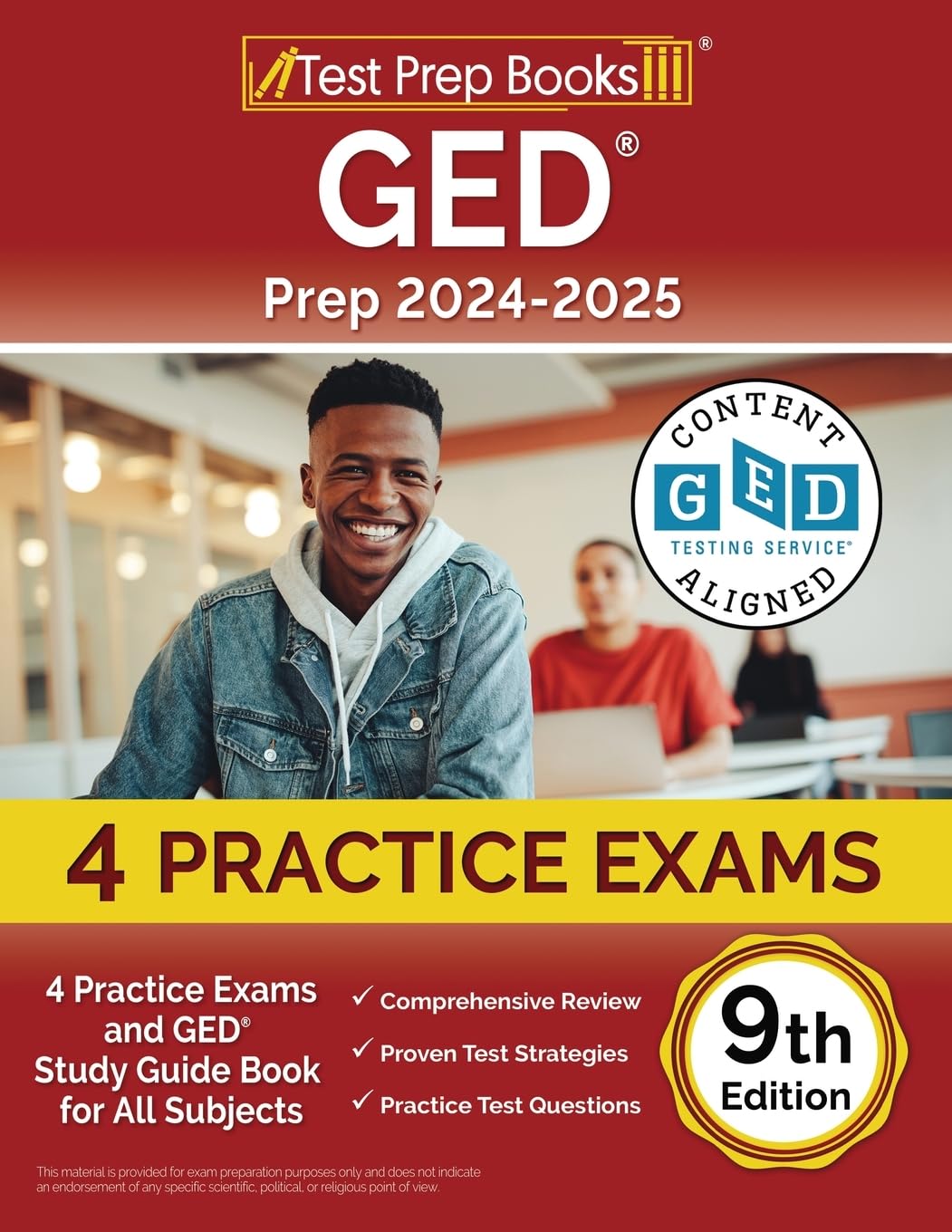 GED Prep 2024-2025 book by Test Prep Books showing practice exams and study guide for all subjects, 9th edition.