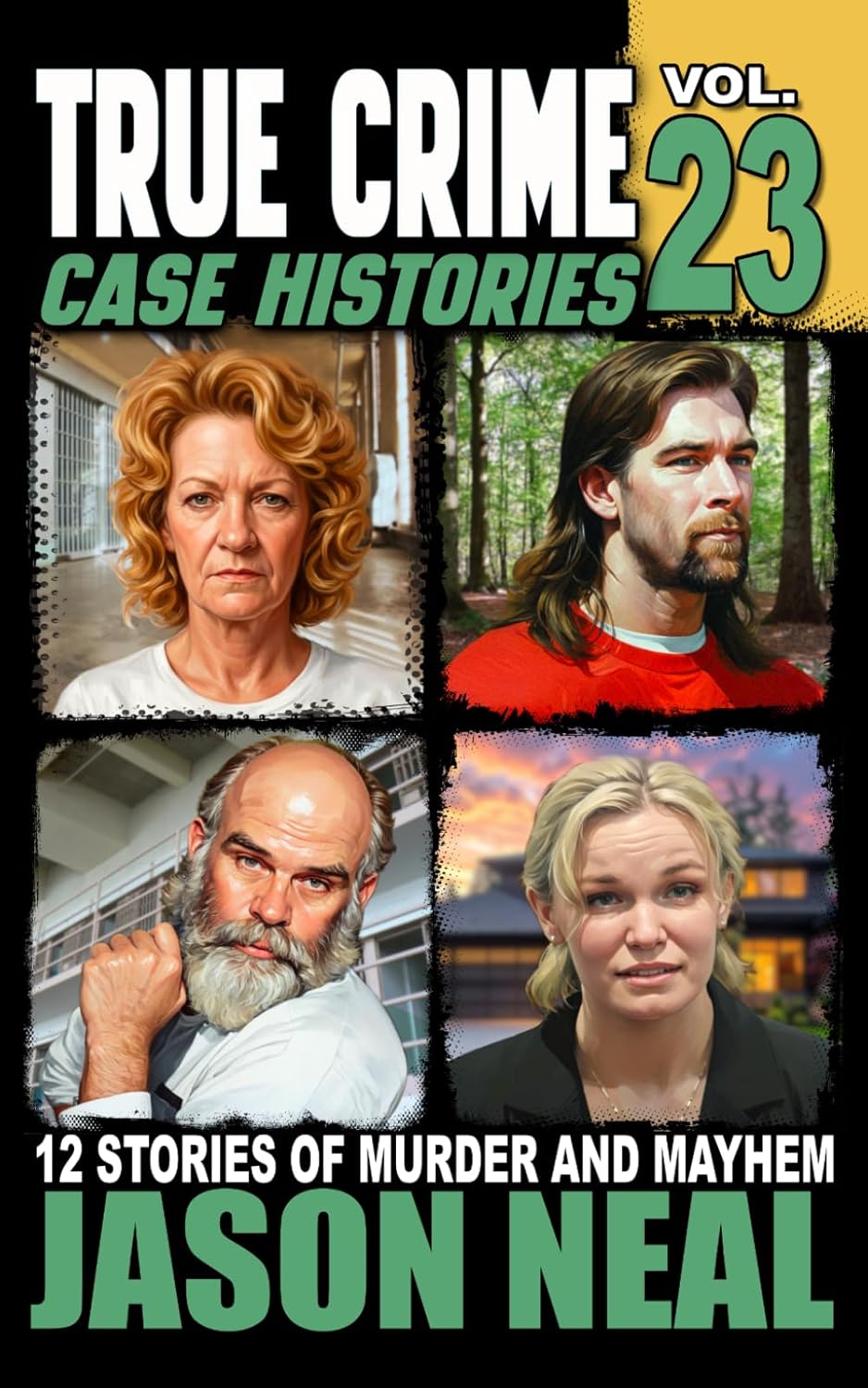 Open book titled "True Crime Case Histories" from SureShot Books Publishing LLC, showing pages with case details and photographs.