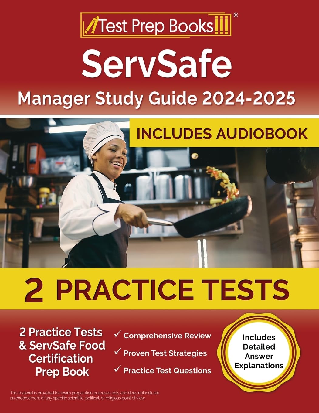 ServSafe Manager Study Guide 2024-2025 by Test Prep Books showing the cover with practice tests and detailed answer explanations.