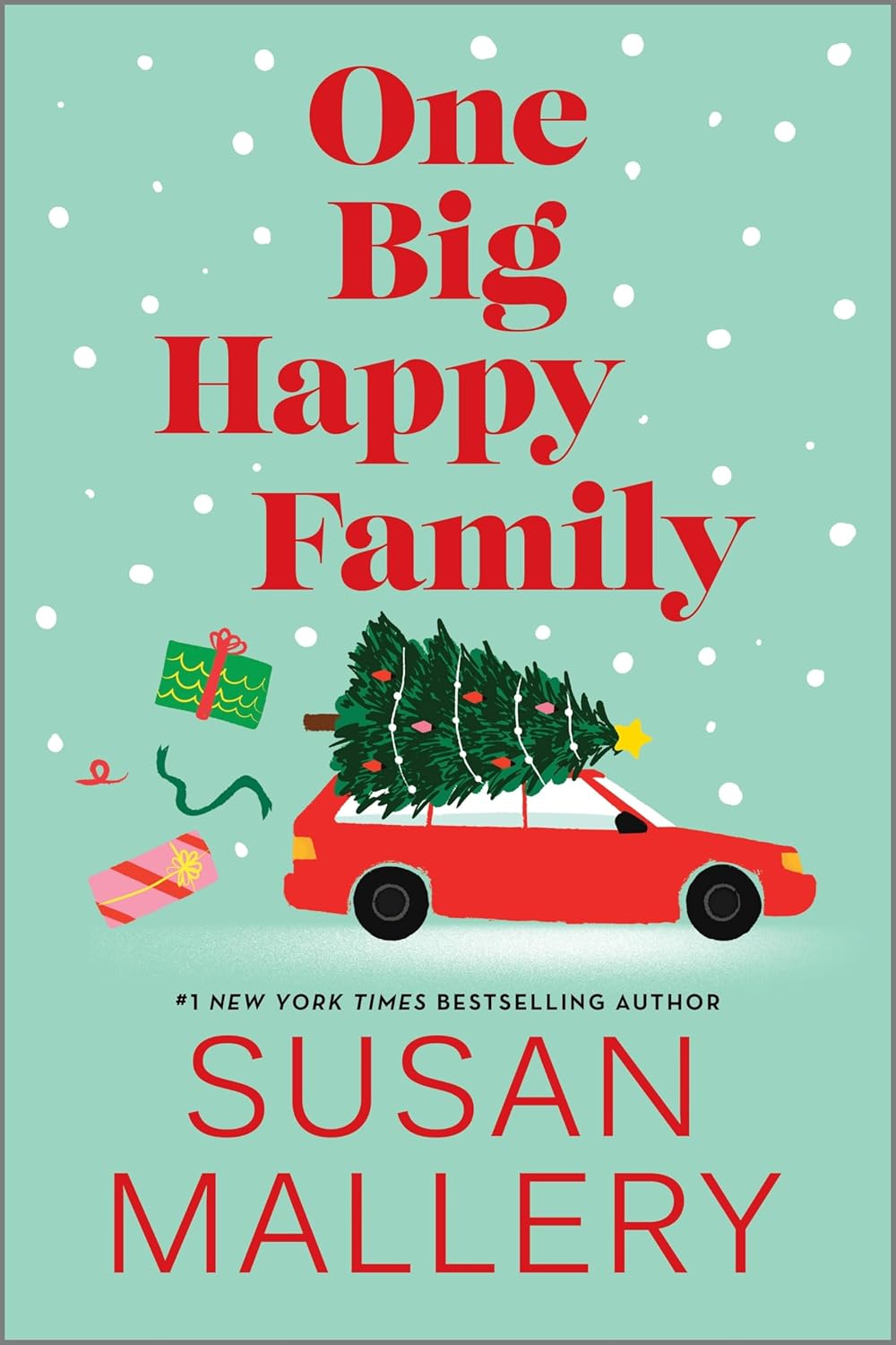 Cover image of "One Big Happy Family" novel by Canary Street Press, featuring festive holiday-themed artwork with warm colors.
