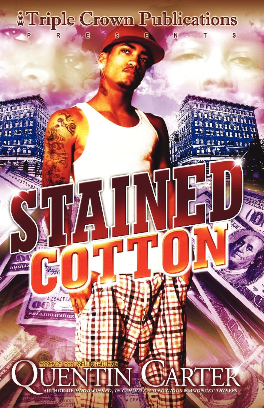Stained Cotton book cover by SureShot Books Publishing LLC featuring abstract stained fabric design in shades of brown and blue.