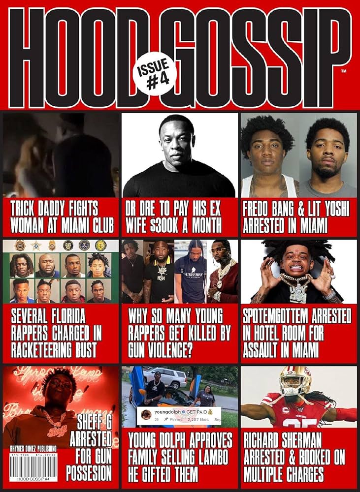 Cover of Hood Gossip Magazine Issue #4 by SureShot Books Publishing LLC, featuring bold typography and urban street style.