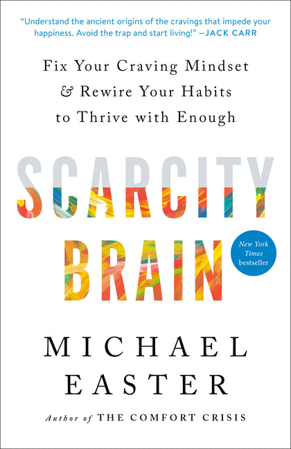Paperback book titled "Scarcity Brain" by Rodale Books, featuring a cover design with brain imagery and motivational themes.