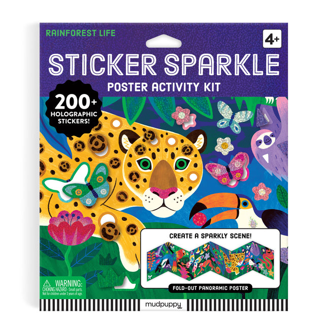Galison Rainforest Life Sticker Sparkle Poster Activity Kit paperback with colorful rainforest-themed stickers and poster for kids.
