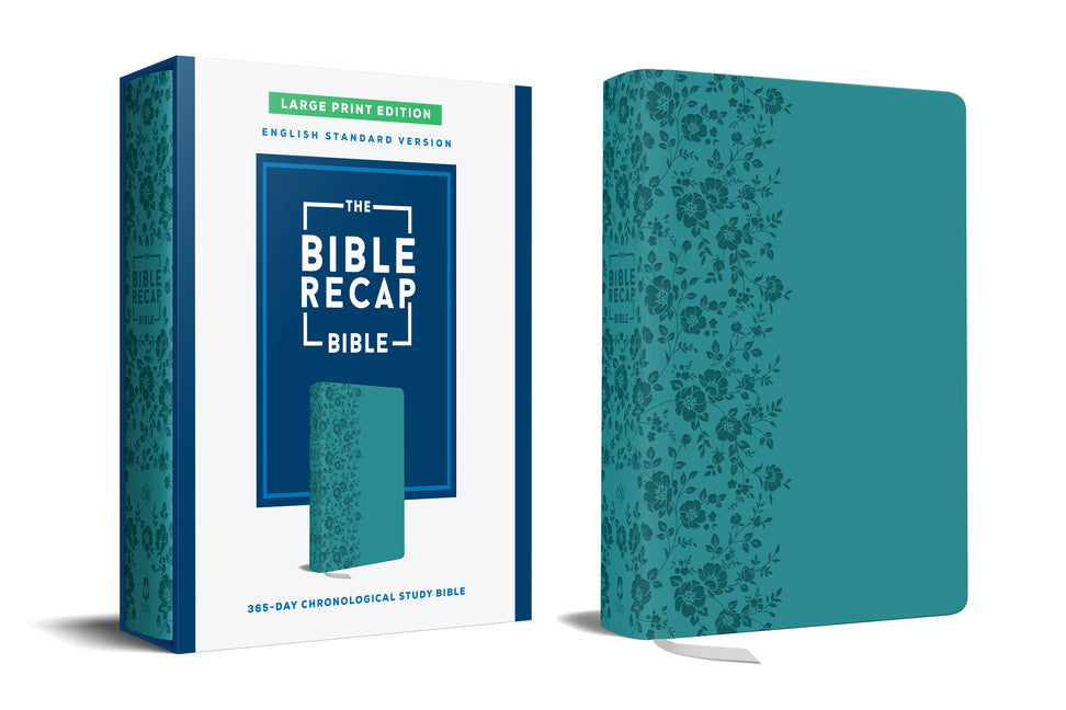 Large print Bible in teal imitation leather, The Bible Recap 365-Day Chronological Study Bible, English Standard Version by Bethany House