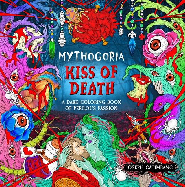 Dark coloring book titled "Kiss of Death" by Castle Point Books, featuring perilous passion and gothic illustrations on the cover.