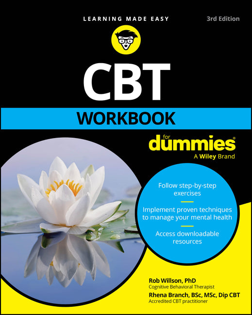 Paperback CBT Workbook for Dummies by For Dummies, featuring a cover with colorful illustrations and mental health tips.