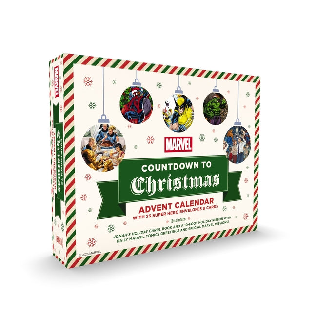 Marvel Countdown to Christmas advent calendar with 25 superhero envelopes and cards, paperback by Cider Mill Press.