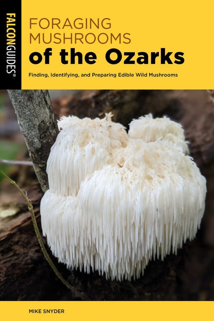 Paperback book titled "Foraging Mushrooms of the Ozarks" by Falcon Press Publishing, featuring wild mushroom illustrations and identification tips.