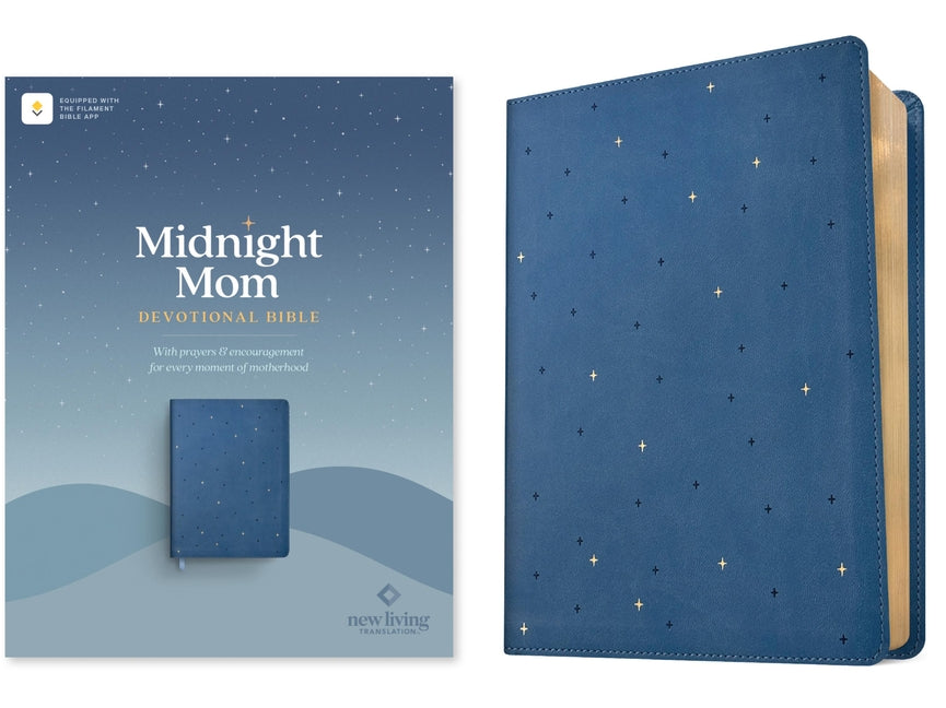 NLT Midnight Mom Devotional Bible in navy leatherlike cover with red letter text and filament enabled, featuring prayers and encouragement for moms
