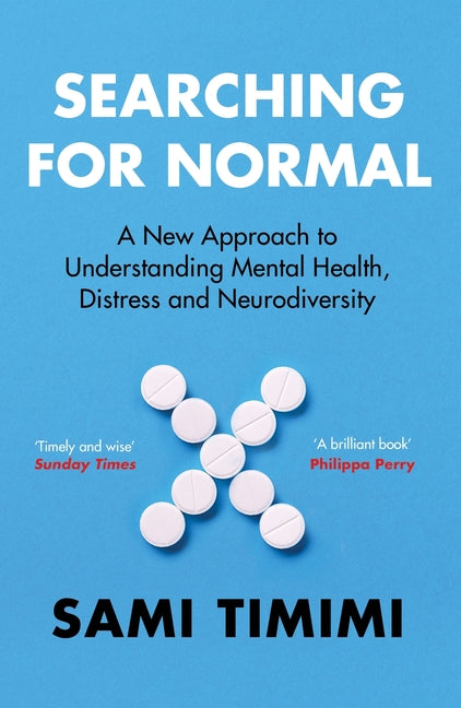 Paperback book titled "Searching for Normal" by Vintage, exploring mental health, distress, and neurodiversity with a thoughtful cover design.