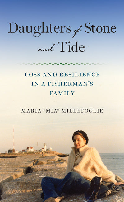 Paperback book titled "Daughters of Stone and Tide" by Bright Leaf, depicting a fisherman's family with themes of loss and resilience.