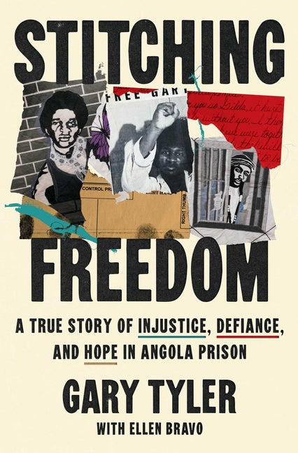 Paperback book titled "Stitching Freedom" by Atria/One Signal Publishers featuring a cover with images of Angola Prison and themes of justice.