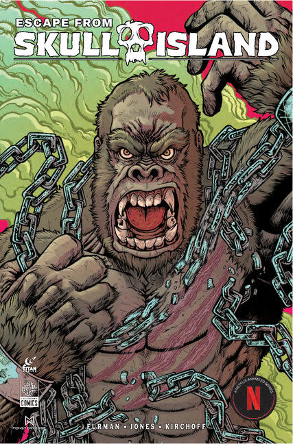 Paperback copy of "Escape from Skull Island" by Titan Comics, featuring the book cover with island and skull artwork.