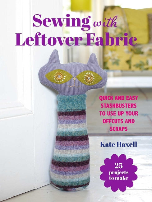 Paperback book titled "Sewing with Leftover Fabric" by Cico, featuring colorful fabric scraps and sewing tools on the cover.