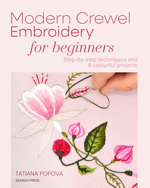 Paperback book titled "Modern Crewel Embroidery for Beginners" featuring colorful embroidery projects and step-by-step techniques.