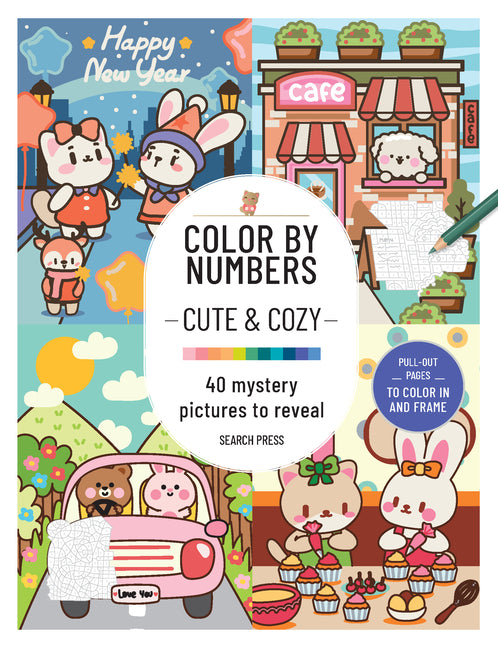 Paperback book titled "Cbn: Cute and Cozy: 40 Mystery Pictures to Reveal" by Search Press with colorful cover art.