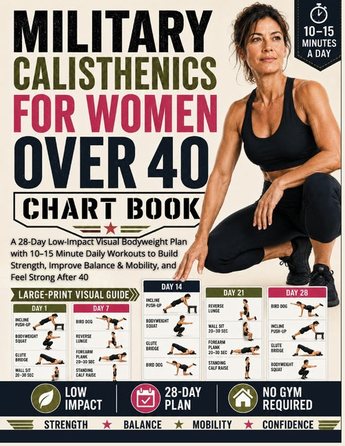 Paperback book cover for "Military Calisthenics for Women Over 40" by Curious Minds International Press, featuring a 28-day low-impact workout plan.