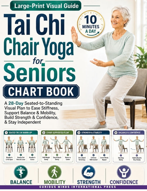 Paperback Tai Chi Chair Yoga book for seniors showing a visual plan to improve balance, mobility, and strength with seated-to-standing exercises.