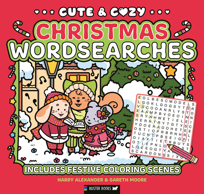 Paperback Christmas wordsearch book featuring festive scenes and coloring pages by Buster Books US.