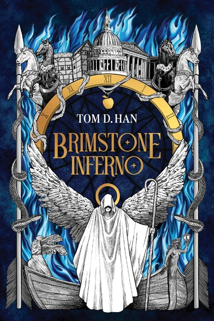 Paperback of Brimstone Inferno by Tom D. Han, featuring a fiery cover with flames and dark tones.