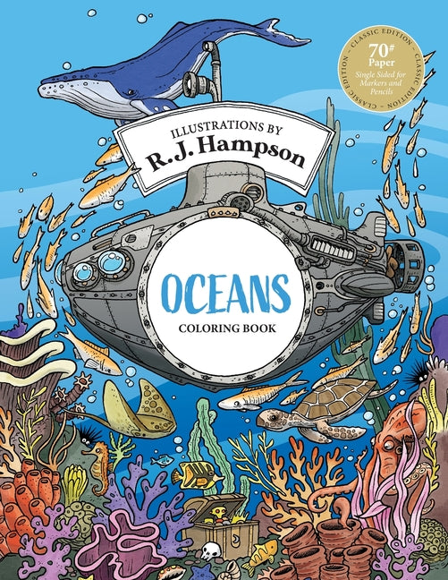 Open paperback Oceans Coloring Book by Hop Skip Jump featuring detailed ocean scene illustrations for coloring.