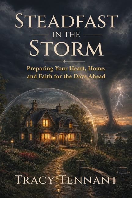 Paperback book titled "Steadfast in the Storm" by Right Track Publishing, featuring a cover with stormy skies and a resilient heart.