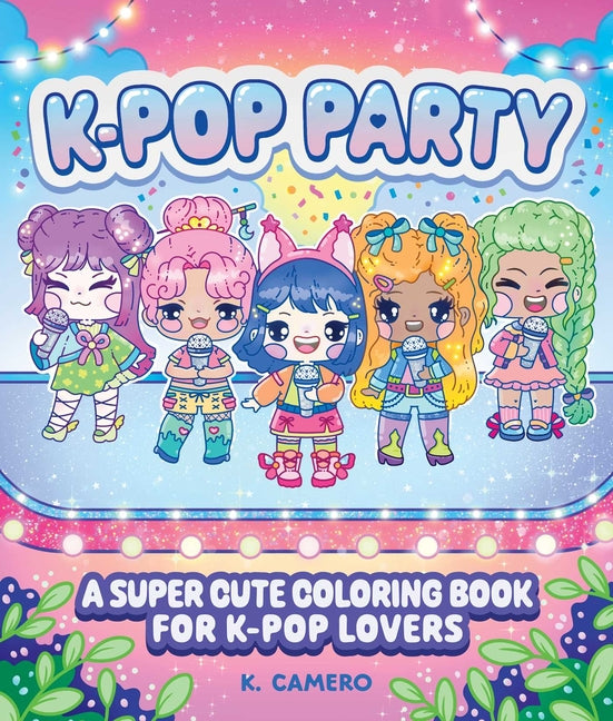 Coloring book cover for K-Pop Party by BlueStone Books, featuring vibrant K-Pop themed illustrations in a paperback format.