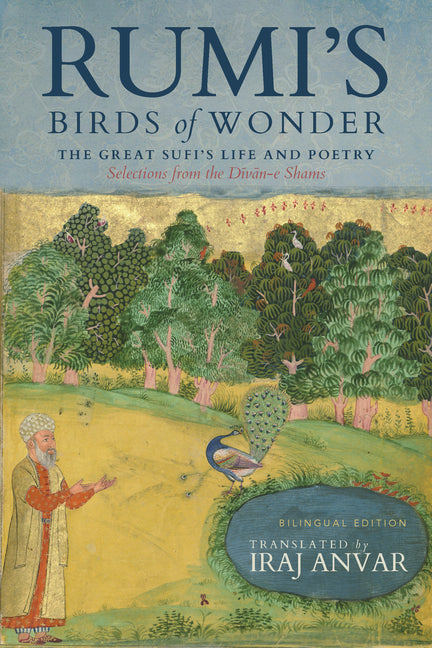 Paperback book titled "Rumi's Birds of Wonder" by Monkfish Book Publishing, featuring cover art inspired by Sufi poetry and imagery.