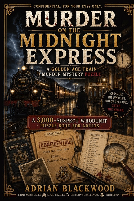 Paperback murder mystery puzzle book titled "Murder on the Midnight Express" by Infinityou, featuring crime scene clues and suspect logs.