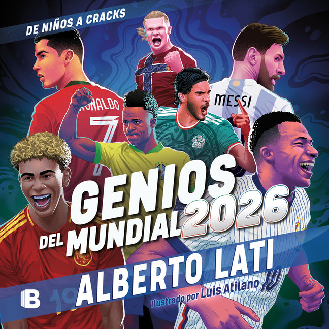 Paperback book titled "Genios del Mundial 2026" by Ediciones B, featuring a colorful cover about the 2026 World Cup.
