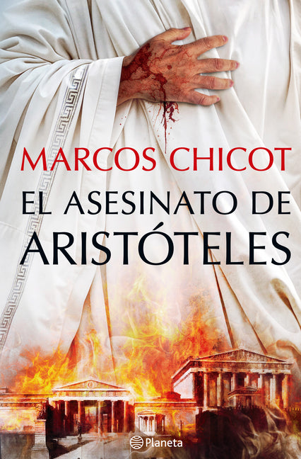 Paperback of "El Asesinato de Aristóteles" historical novel by Planeta Publishing, showing the book cover with title and author.