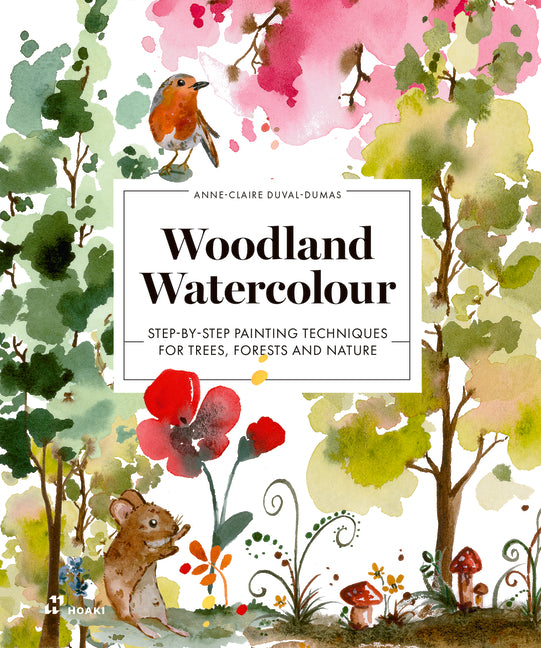 Paperback book titled "Woodland Watercolour," featuring step-by-step painting techniques for trees, forests, and nature scenes.