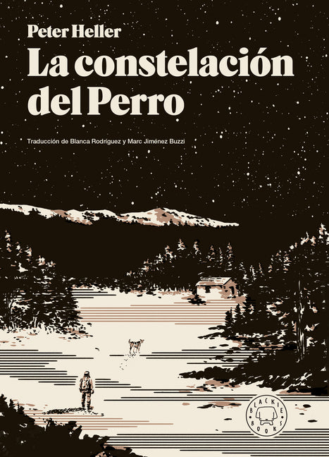 Paperback copy of "La Constelación del Perro" (The Dog Stars) by Blackie Books, showing the book cover with starry night design.