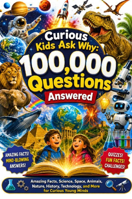 Paperback book titled "Curious Kids Ask Why" with colorful cover featuring space, animals, science, and dinosaurs for young readers.