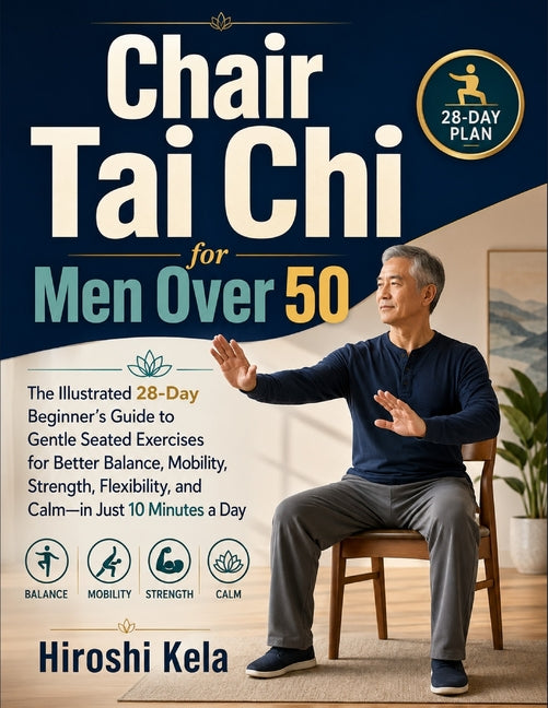 Paperback book titled "Chair Tai Chi for Men Over 50" showing an illustrated cover on gentle seated exercises for balance and mobility.
