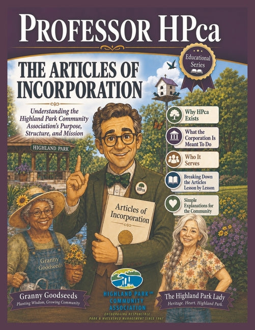 Paperback book titled "The Articles of Incorporation" by Professor HPca, discussing Highland Park Community Association.