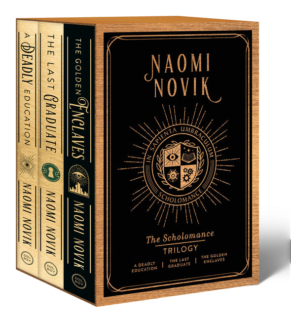 Paperback boxed set of The Scholomance Trilogy by Del Rey Books featuring The Deadly Education, The Last Graduate, and The Golden Enclaves.