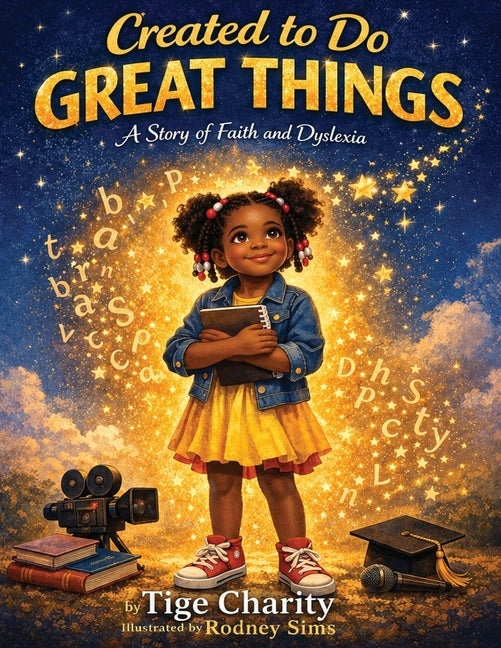 Paperback book titled "Created to Do Great Things," a story of faith and dyslexia by Tige Johnson Charity, with cover art visible.