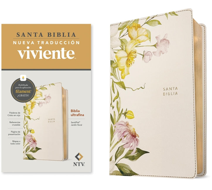 Tyndale House Publishers Biblia Ultrafina NTV with filament, Sentipiel cover, floral garden design, red letter text, hardcover Bible