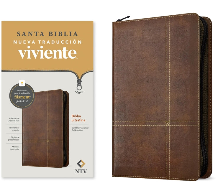 Bible Ultrafina NTV with zipper, Sentipiel cover in rustic coffee, red-letter pages, by Tyndale House Publishers.