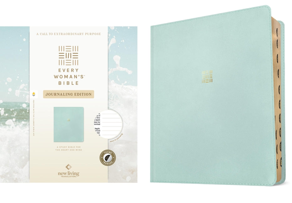 Seafoam blue leatherlike NLT Every Woman's Bible Journaling Edition with red letter text and indexed pages, open to a journaling page.