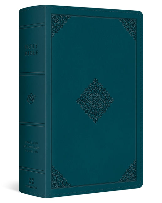 Red Letter ESV Large Print Personal Size Bible with Trutone cover in deep teal and ornament design by Crossway.