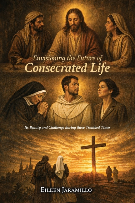 Paperback book titled "Envisioning the Future of Consecrated Life" by Eileen Jaramillo with a plain cover and title text visible.