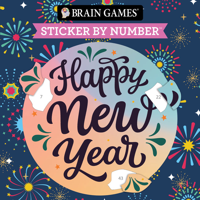 Compact edition Brain Games sticker by number activity book for adults and kids, featuring New Year themes, paperback, 7x7 inches.