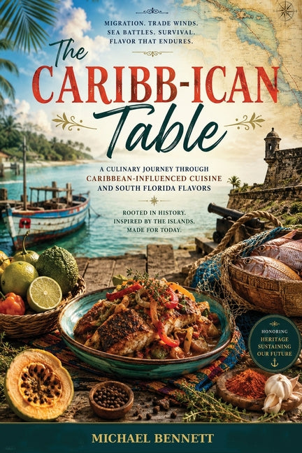 Paperback book titled "The Caribb-ican Table" by Professional Image showcasing vibrant Caribbean cuisine and cultural imagery.