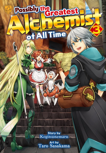 Paperback book titled "Possibly the Greatest Alchemist of All Time, Vol 3" by Alphapolis with a colorful cover design.