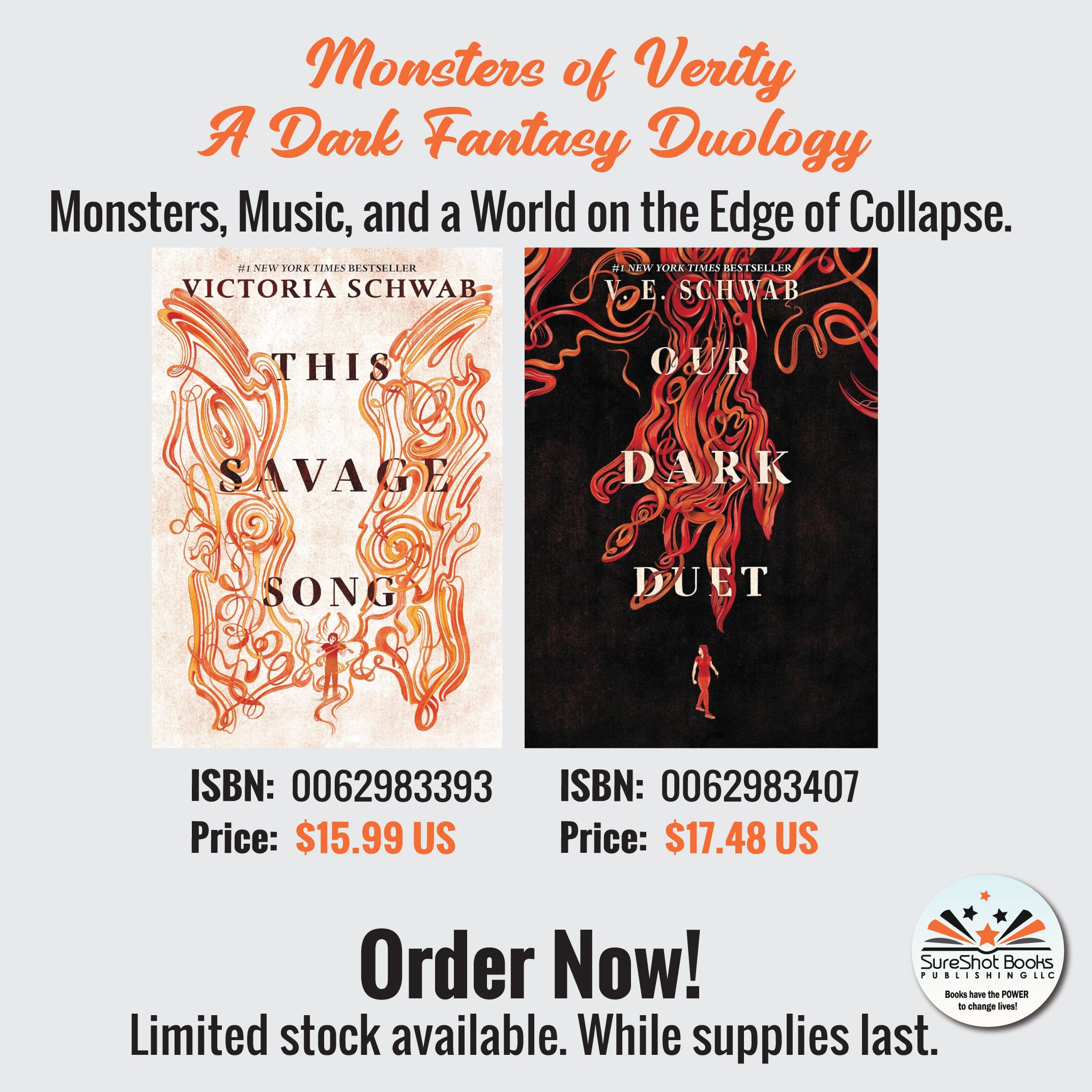 Cover image of "Monsters of Verity" duology books by Victoria Schwab, featuring dark fantasy artwork with monsters and cityscape.