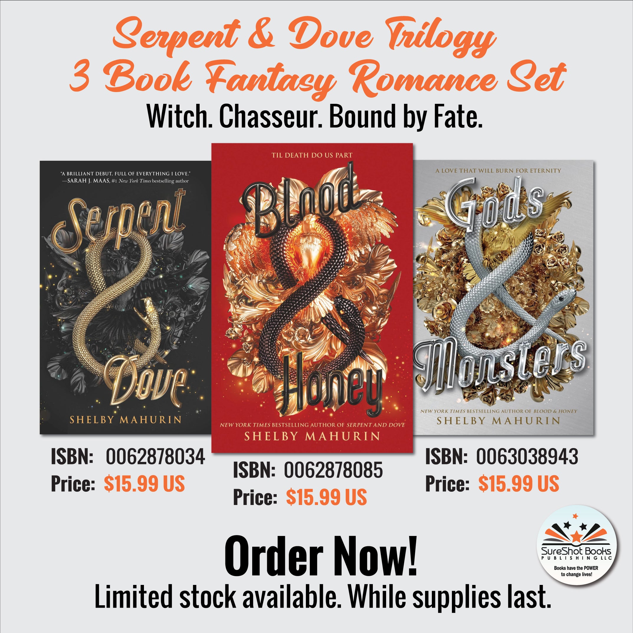 Serpent & Dove Trilogy - 3 Book Fantasy Romance Set - Witch. Chasseur. Bound by Fate