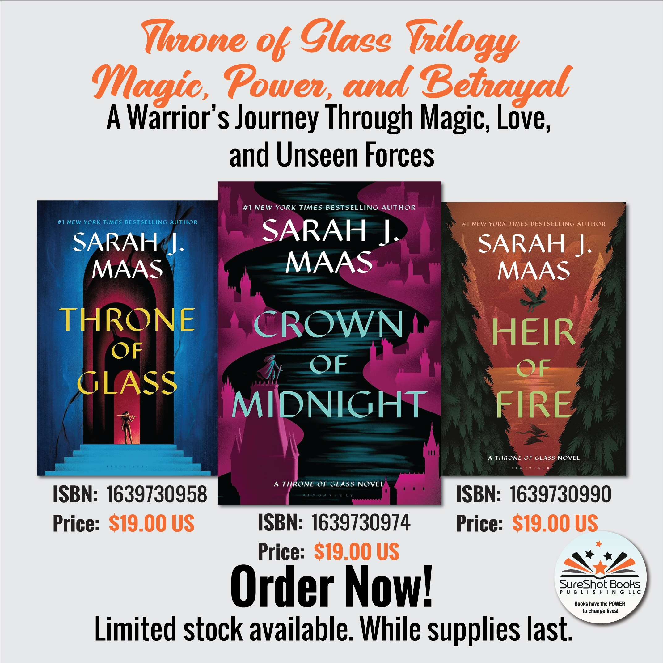Cover image of the "Throne of Glass Trilogy" by Sarah J. Maas featuring the book's mystical and powerful design elements.
